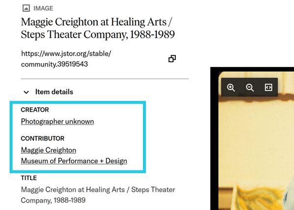 Image's item details with Creator: Photographer Unknown and Contributor: Maggie Creighton, Museum of Performance Art + Design both listed in the metadata.
