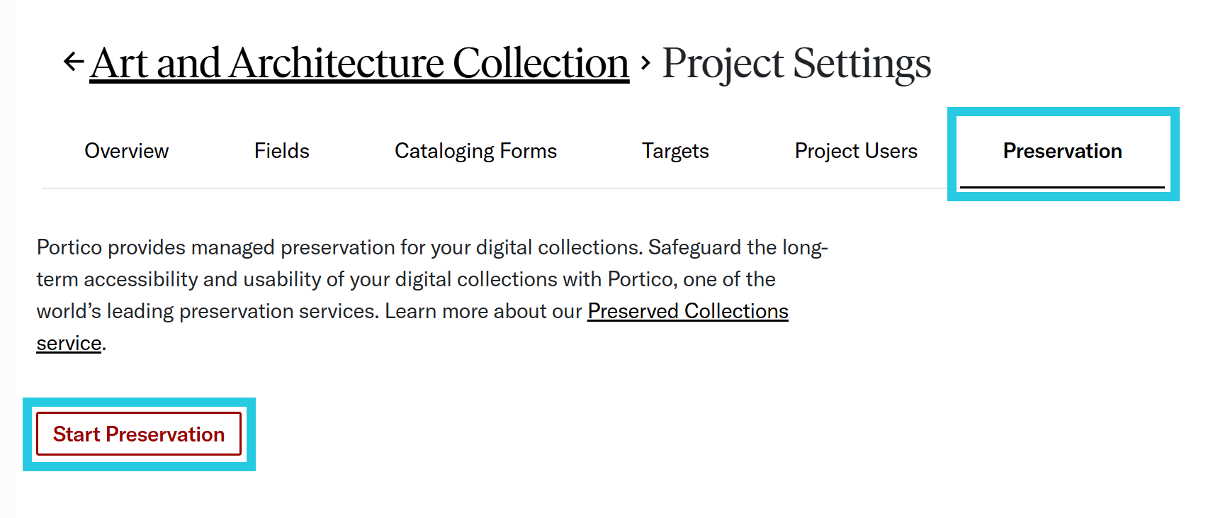 Preservation tab and Start Preservation button in Project Settings