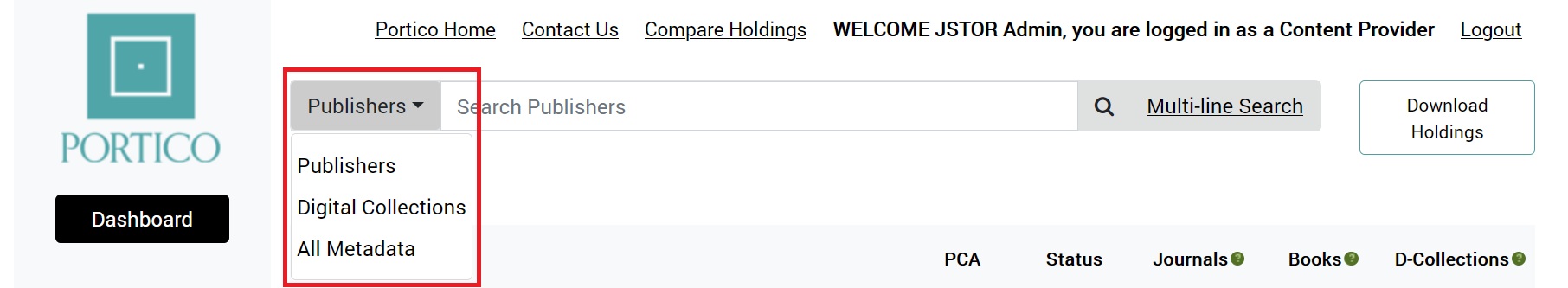 Portico search drop-down menu options