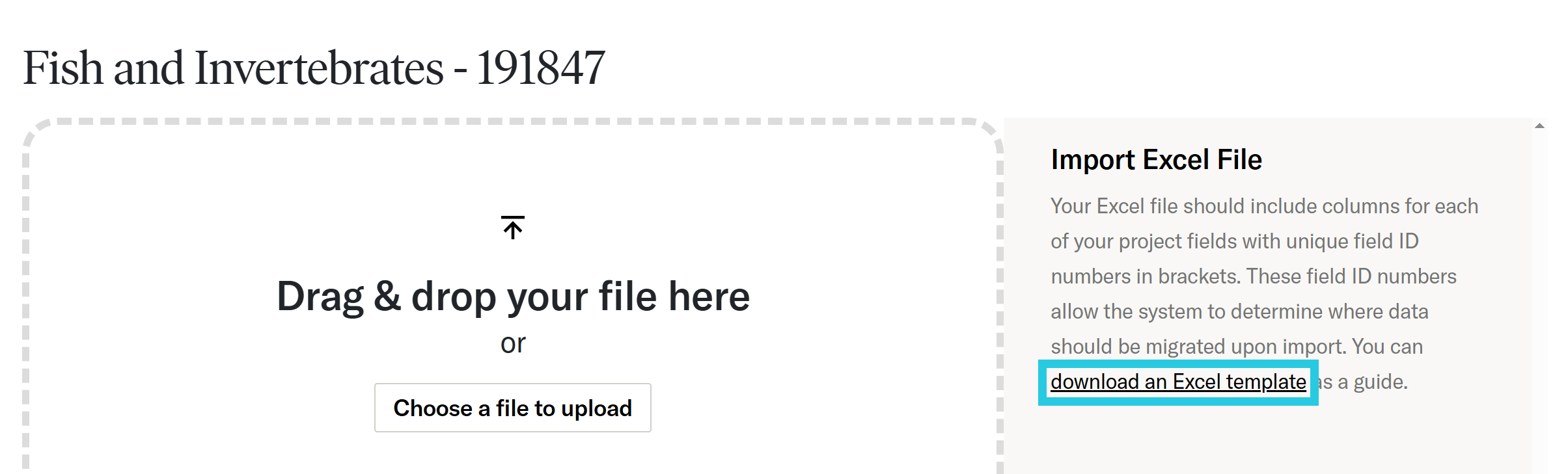 Download Excel template link on metadata import screen