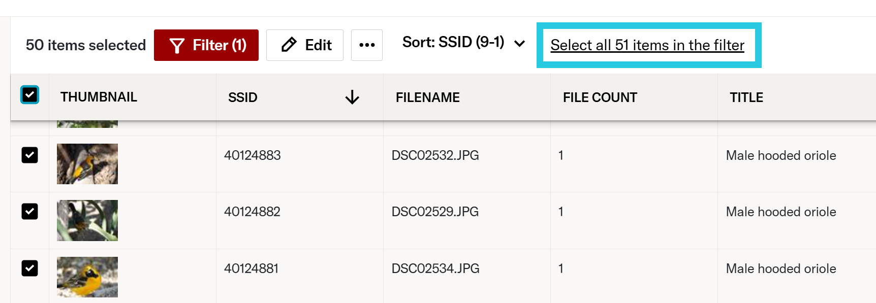 Select all items in filter link in project table view