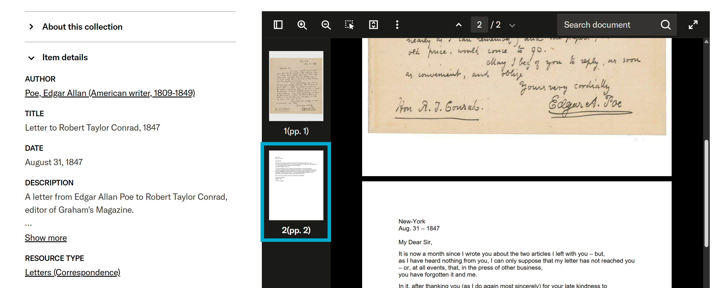 Example of original item with appended transcript in media viewer
