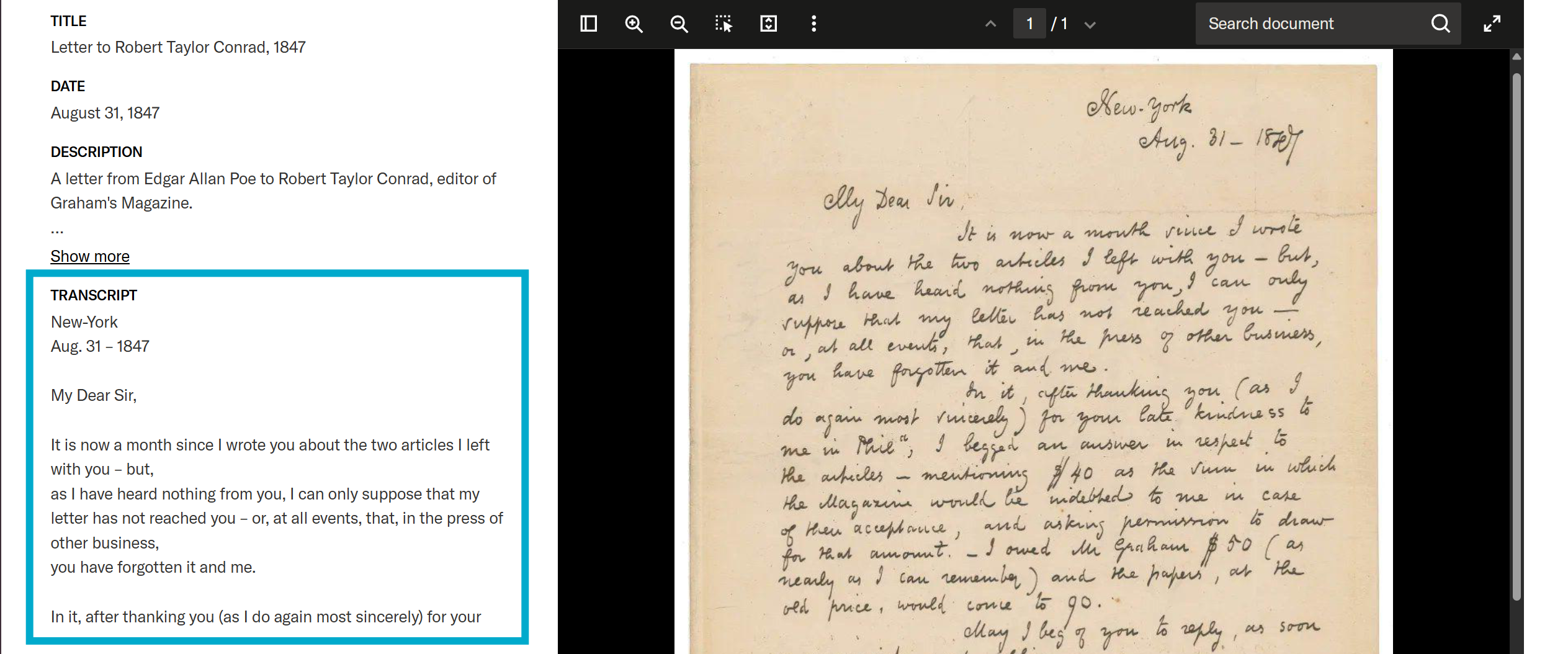 Example of transcript in a custom Transcription field in item details