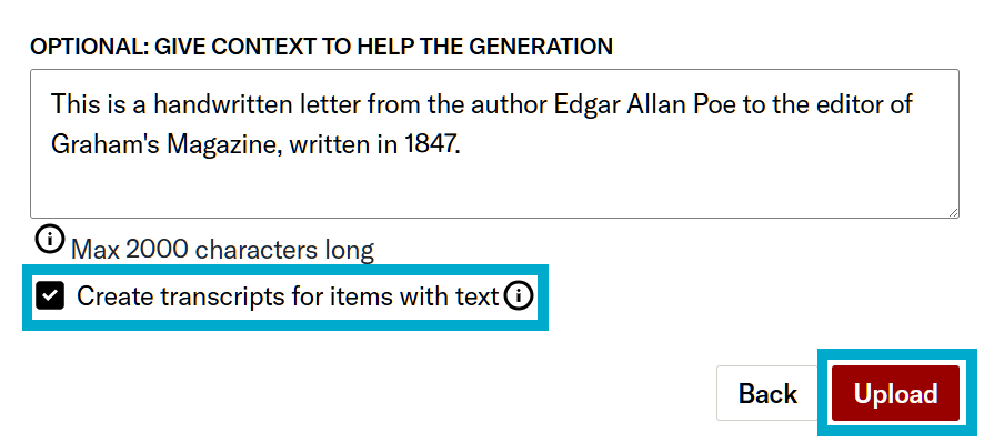 'Create transcripts for items with text' checkbox checked on item upload screen
