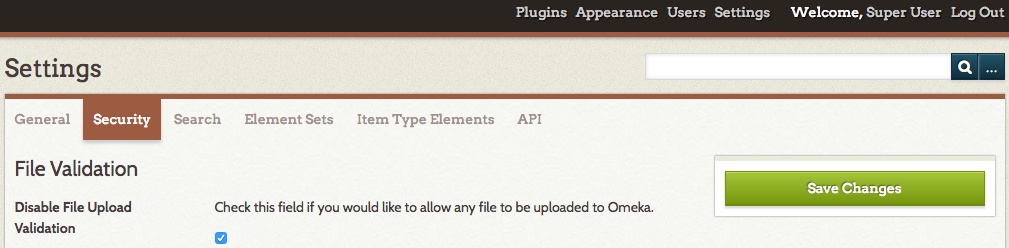 Disable file upload validation in Omeka Admin.