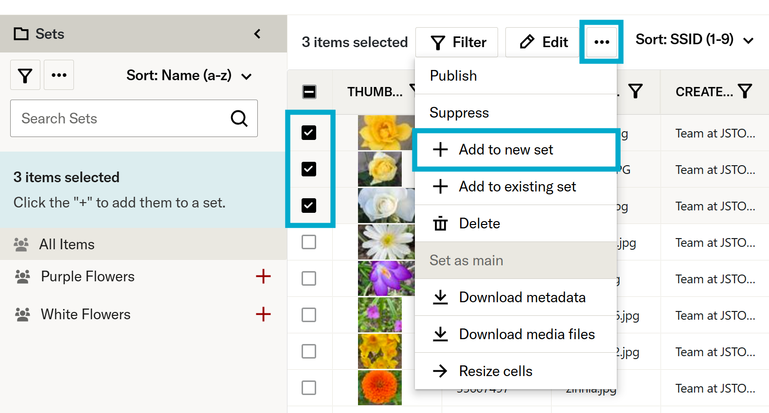 Add to new set button in overflow menu