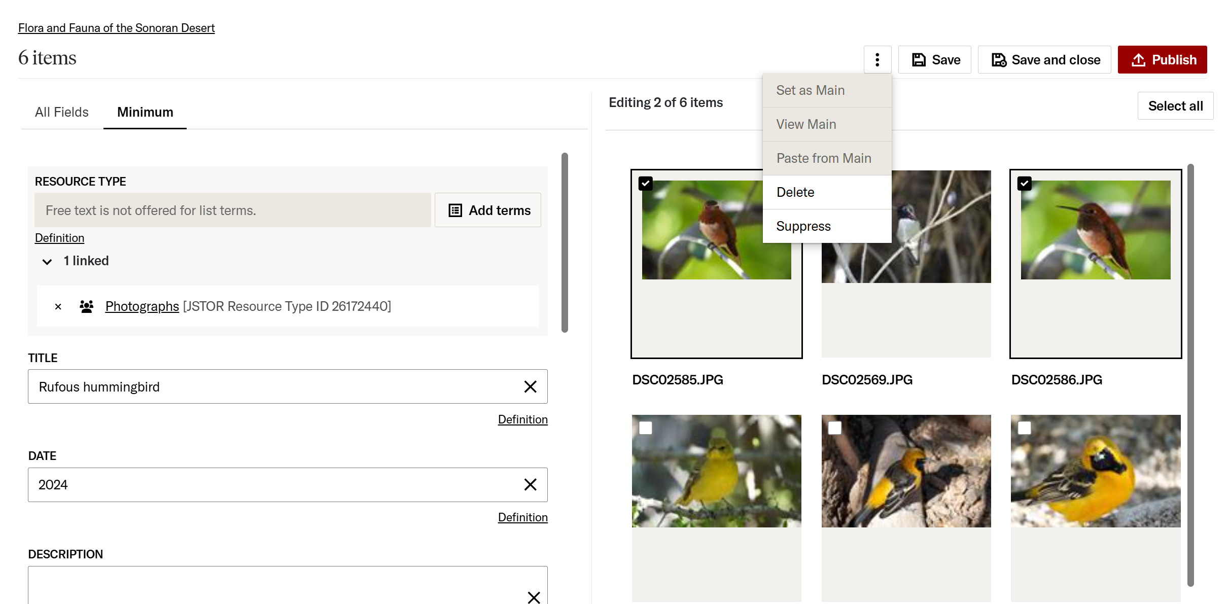 Bulk edit screen featuring cataloging forms, bulk actions, and field clearing button