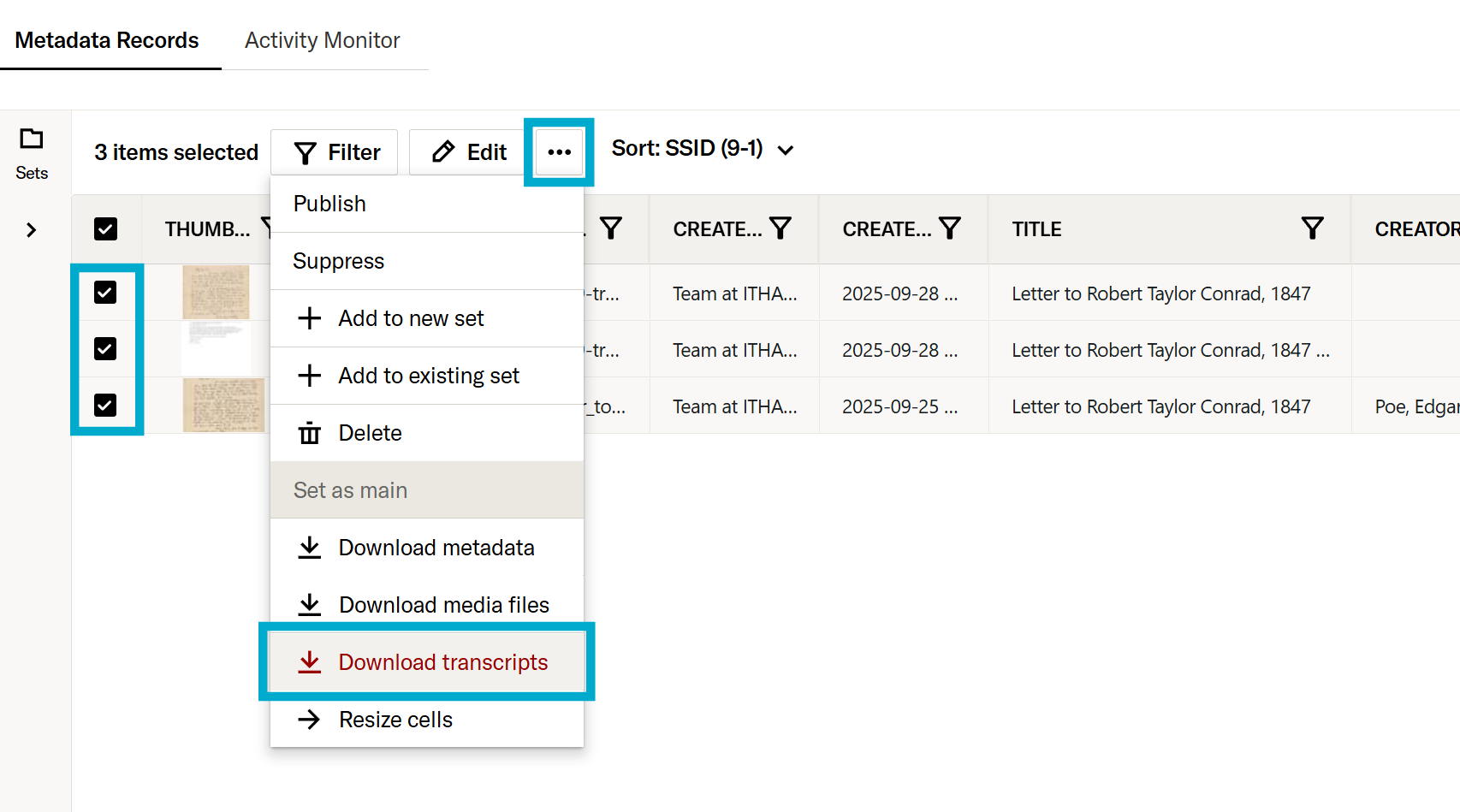 Bulk download transcripts option in more actions menu in project records table