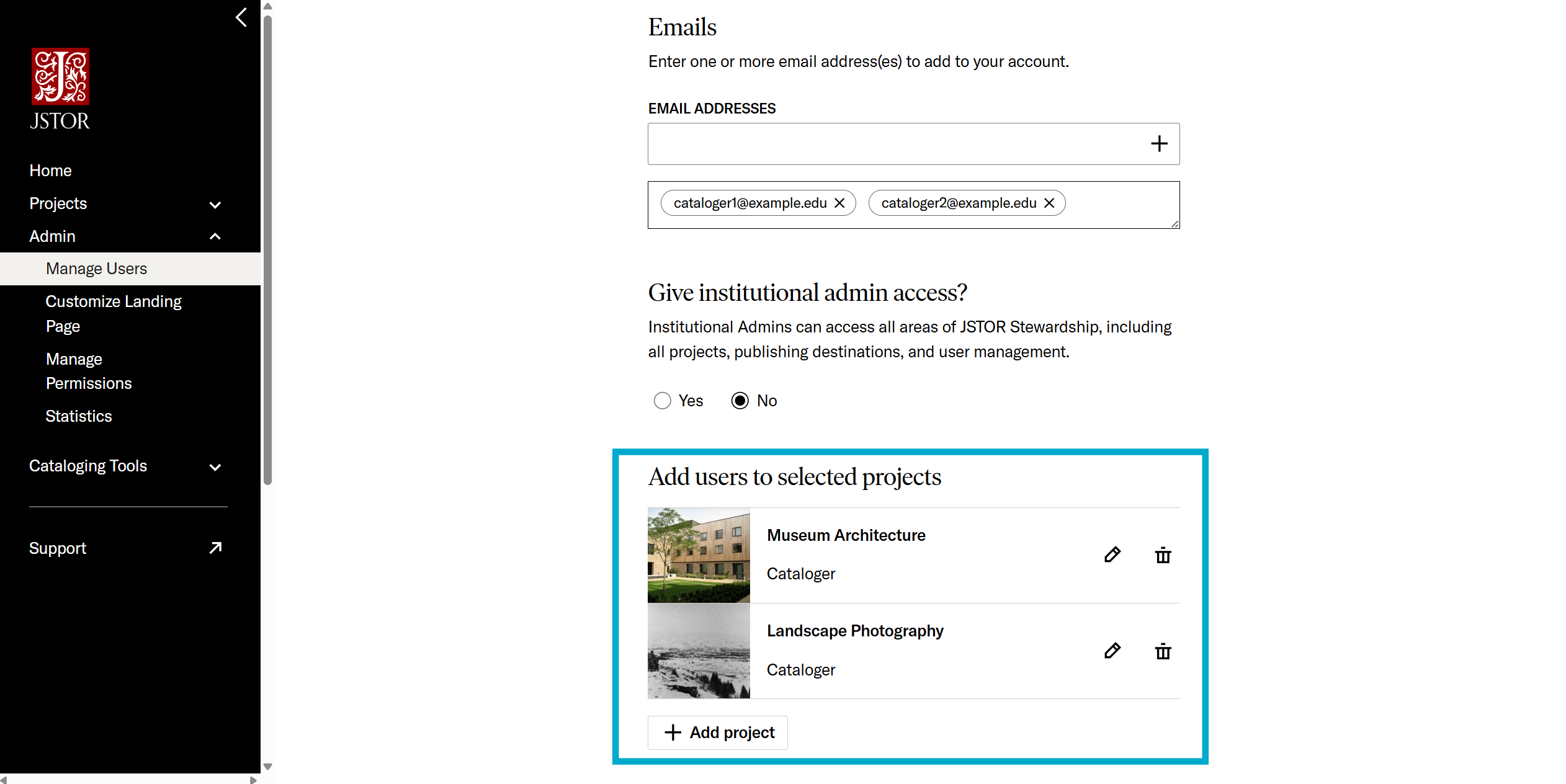 User creation and project assignment menu