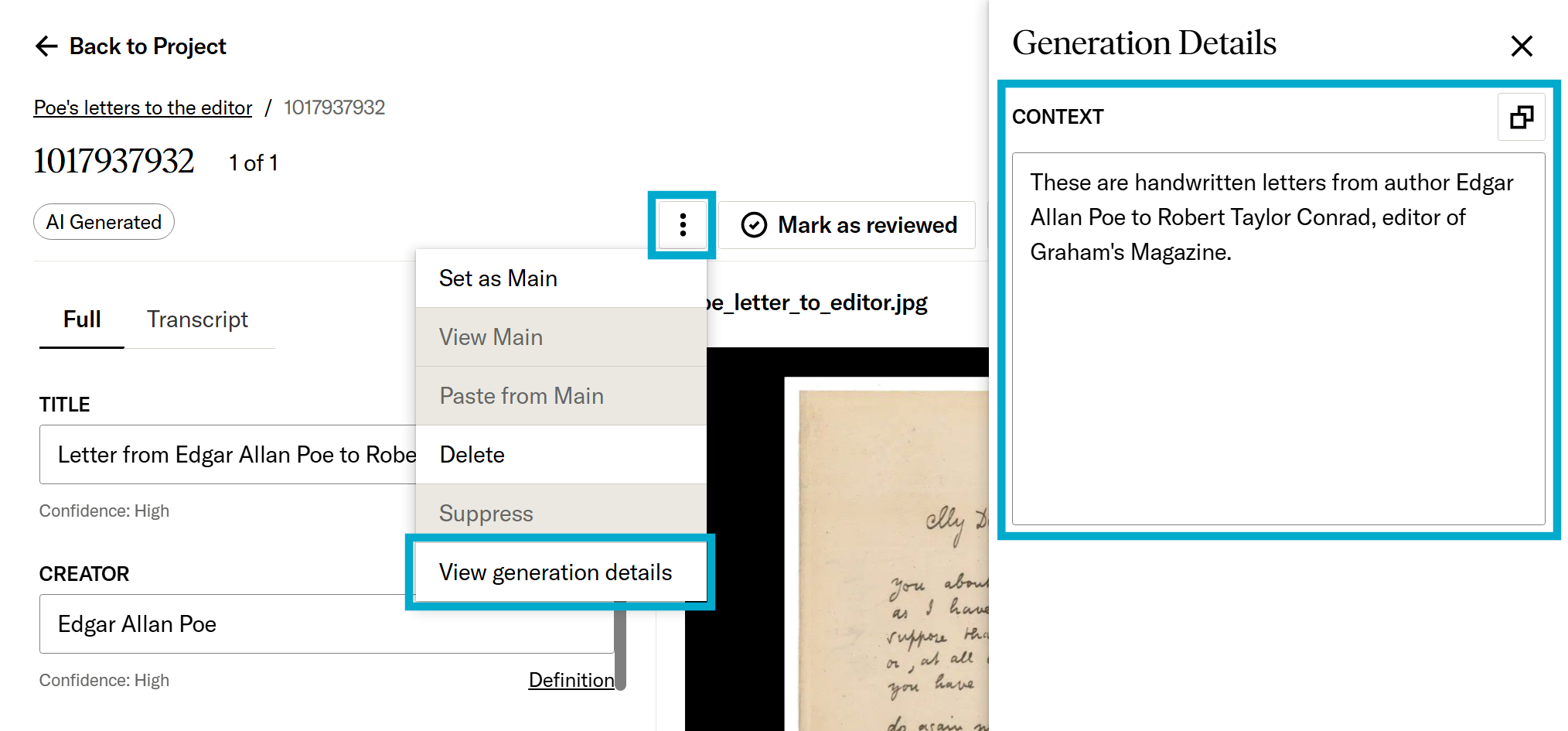 View generation details option in item actions drop-down menu and Generation Details panel
