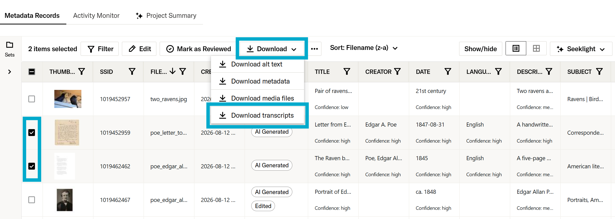 Download transcripts option in Download menu in project view