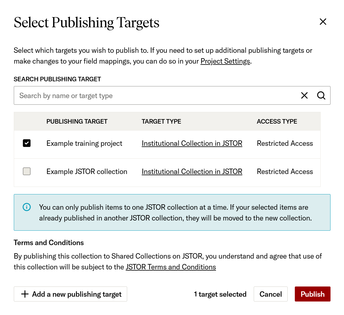 Stewardship publishing menu showing additional JSTOR targets are disabled when one is selected
