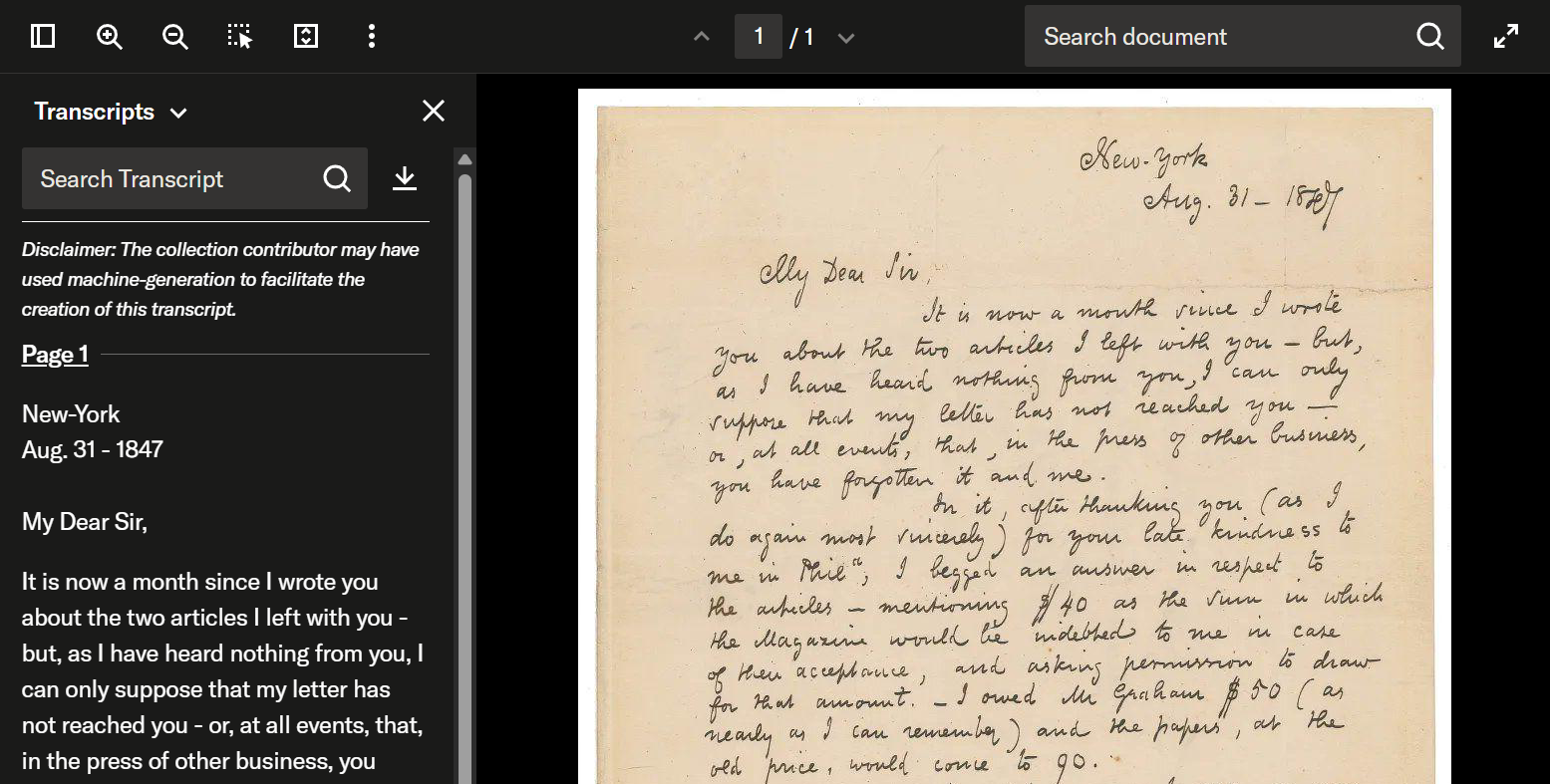 Downloadable and searchable transcript displayed in PDF viewer alongside handwritten letter on JSTOR