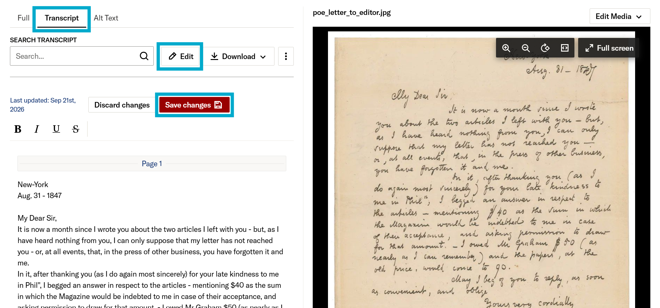 Edit transcript button and transcript editor in Transcript tab