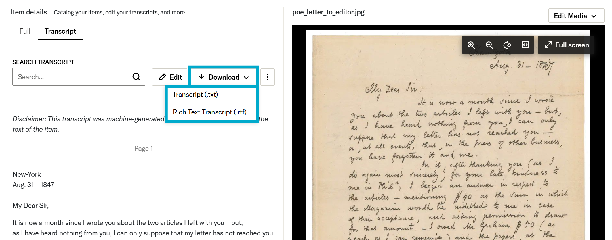Download transcript menu option in Transcript tab on individual item page