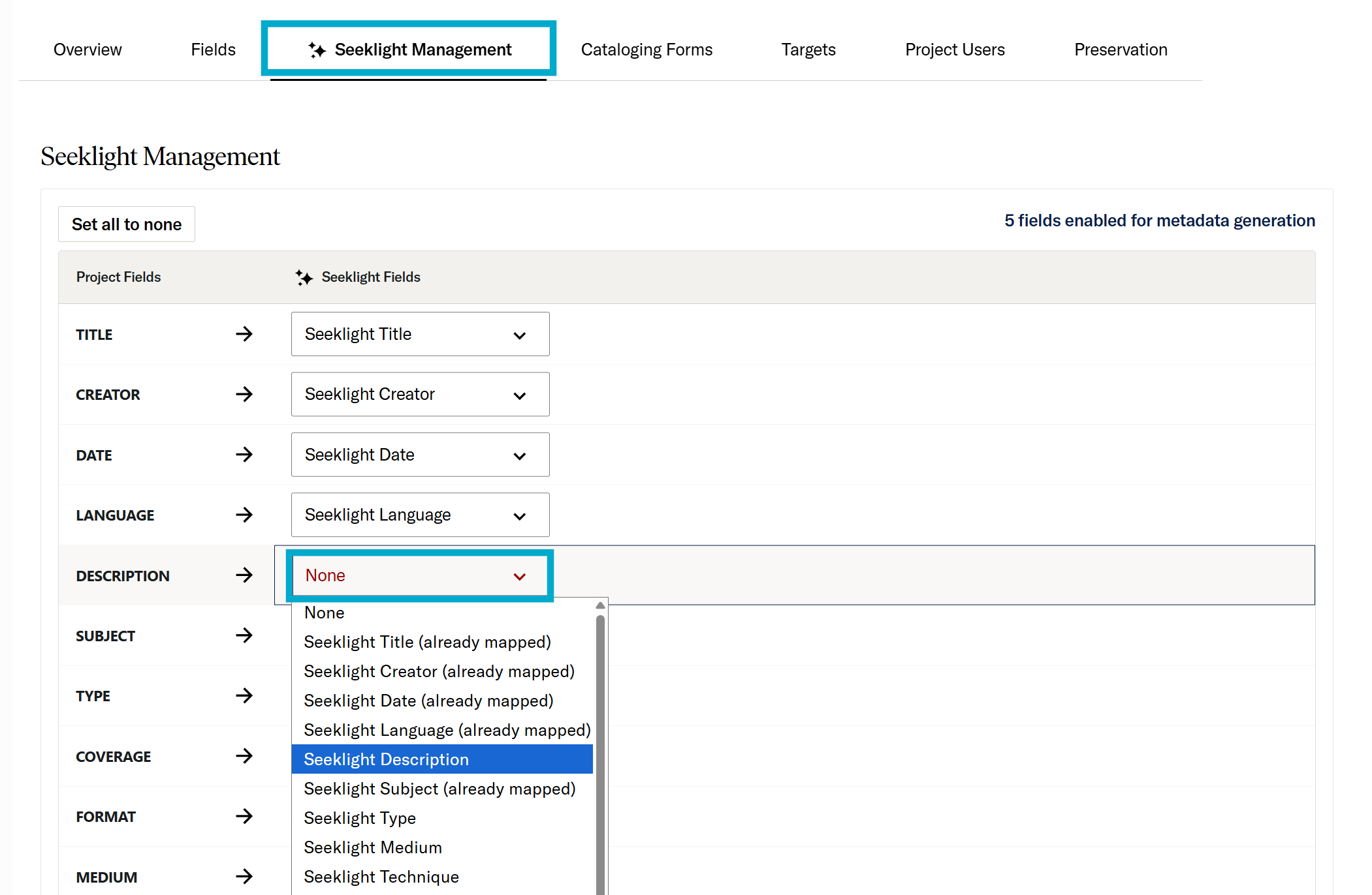 Seeklight Management tab and Seeklight field enablement options in Project Settings